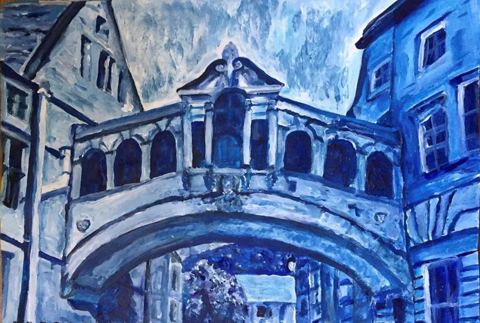 Rosie Young's monochrome blue painting of Hertford College's Bridge of Sighs